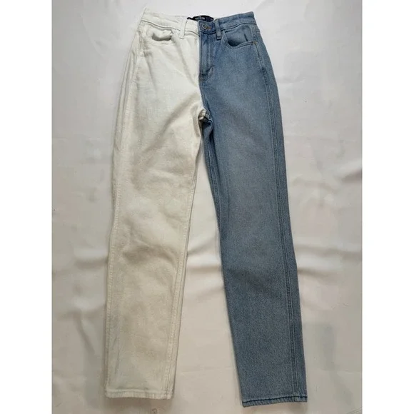 Hollister Mom Jeans Blue White Ultra High Rise Two Tone W24 L27 - Picture 1 of 5